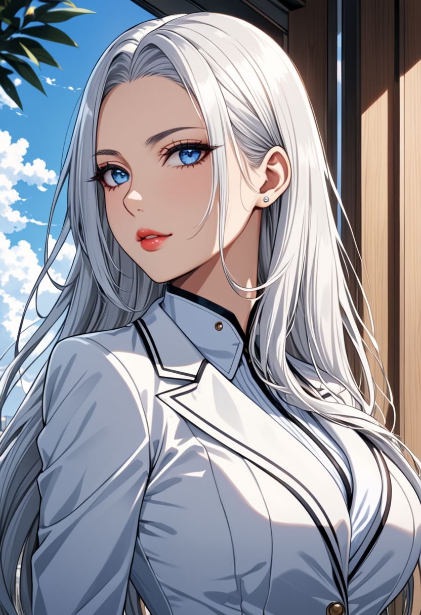 (anime, masterpiece, intricate:1.3), (best quality, hires textures, high detail:1.2), (4k),(incredibly detailed:1.4),  (anime, masterpiece, intricate:1.3), (best quality, hires textures, high detail:1.2), (4k),(incredibly detailed:1.4), perfect anatomy, correct sense of scale, side lighting, feminine body, shiny skin, graceful face, constricted waist, nice body, lips, gorgeous lips, lush lips,
, high pointed nose, (nostrils:1.3), neatly drawn nose
stands sideways to the viewer
arrows on the eyes
narrowed gaze
seductive look
villainess
COMICS
LONG HAIR
WHITEHAIR
BLUE EYES
sunglasses on head
OUTDOORS
LOOKING AT VIEWER
BLUE SKY:
LARGE BREASTS
FROM SIDE
VERY LONG HAIR
BLUE NAILS
BANGS
1girl, gorgeous lips,  white suit, office lady, villainess