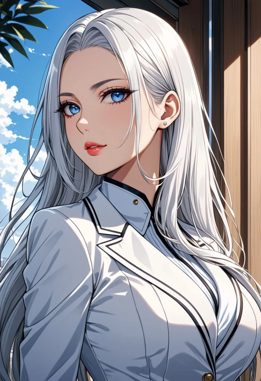 (anime, masterpiece, intricate:1.3), (best quality, hires textures, high detail:1.2), (4k),(incredibly detailed:1.4), (anime, masterpiece, intricate:1.3), (best quality, hires textures, high detail:1.2), (4k),(incredibly detailed:1.4), perfect anatomy, correct sense of scale, side lighting, feminine body, shiny skin, graceful face, constricted waist, nice body, lips, gorgeous lips, lush lips,
, high pointed nose, (nostrils:1.3), neatly drawn nose
stands sideways to the viewer
arrows on the eyes
narrowed gaze
seductive look
villainess
COMICS
LONG HAIR
WHITEHAIR
BLUE EYES
sunglasses on head
OUTDOORS
LOOKING AT VIEWER
BLUE SKY:
LARGE BREASTS
FROM SIDE
VERY LONG HAIR
BLUE NAILS
BANGS
1girl, gorgeous lips, white suit, office lady, villainess