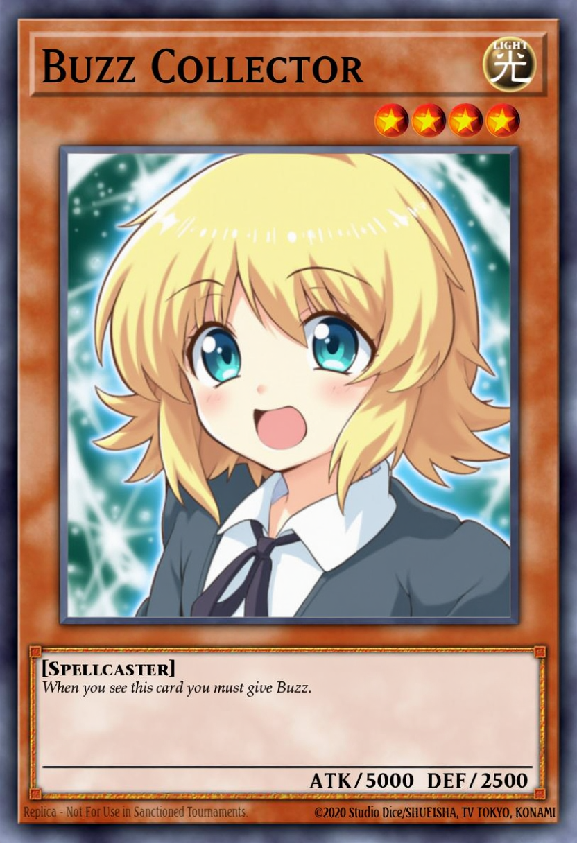 yugioh card "Buzz Collector", Effect Monster, effect-frame, 5000 ATK, 2500 DEF, Level 8, Race: Spellcaster, attribute: LIGHT, Card Text:"When you see this card, you must give Buzz."., Perfect english text with detailed font, 1girl, solo, blonde hair, blue eyes, beg,cadge, close-up, begging, <lora:Yu-Gi-Oh_Flux_Cards:1>