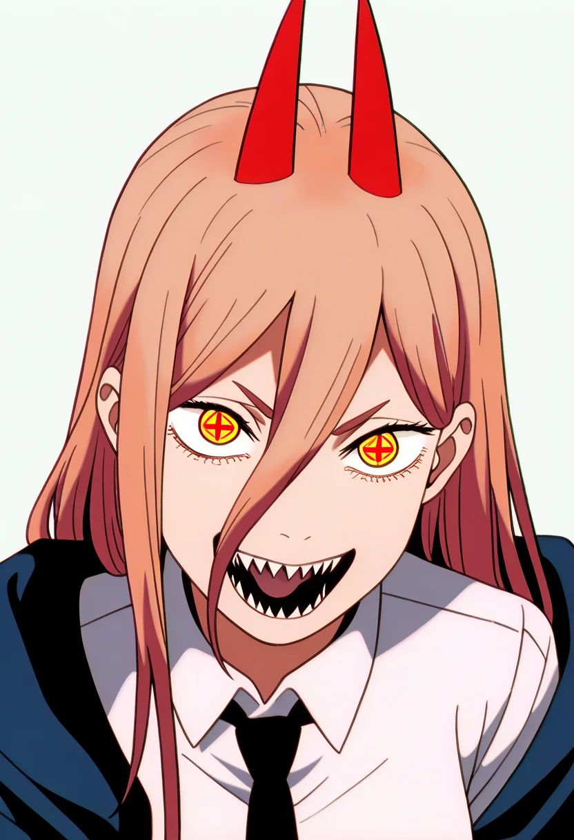 best quality, amazing quality, very aesthetic, absurdres,
BREAK
1girl, power \(chainsaw man\), pink hair, blonde hair, red horns, red eyes, cross-shaped pupils, long hair, sharp teeth, hair between eyes, symbol-shaped pupils,
collared shirt, black necktie, long sleeves,
looking at viewer, white shirt, open mouth,
simple background, white background, smile, upper body, <lora:GundamWingNoobLocon_byKonan:1>