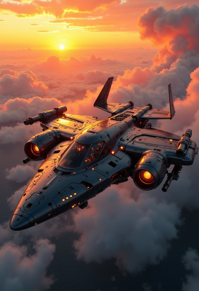 in the style of ck-mgs, A digital artwork in the style of cknc, a_skynet_cyberdyne_craft, the image is featuring a futuristic, highly advanced stealth spy plane flying rapidly high in the sky above the ocean sunset, with vivid orange hues. The fuselage is made of a dark gunmetal alloy and the cockpit shows glowing led lights, and is covered in intricate neon yellow electrical circuitry; the engines have large air intakes, dutch angle, the plane angled diagonally from left to right, motion blur