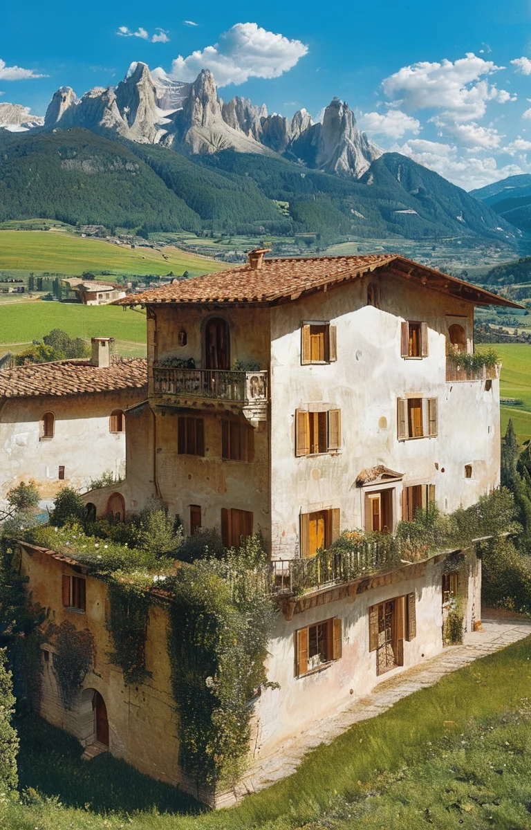 masterpiece,best quality,<lora:tbh302-sdxl:0.9>,illustration,designed by Filippo Brunelleschi Sustainable eco-village with green roofs and solar panels, nestled in a mountain valley