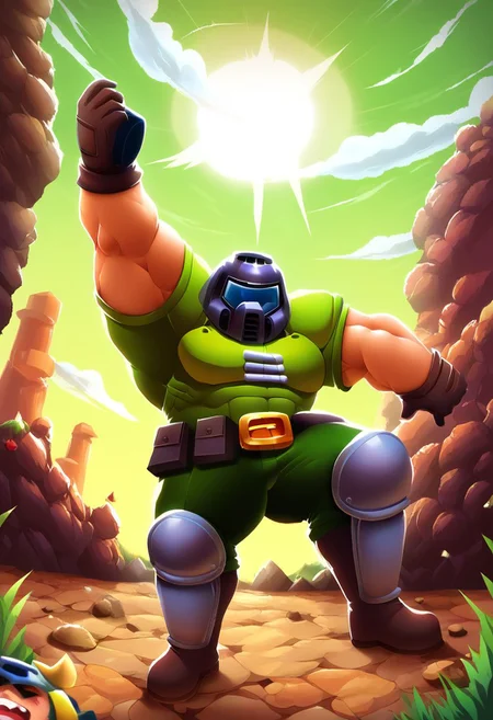 ,score_9, score_8_up, score_7_up,<lora:brawl_style_1_2_R:0.8>, 1boy, brawl, SFW, bodybuilding, massive pectoral, beefy muscle, thick legs, large pectoral, black man, brawl, doomguy, armor, helmet, bald, Miltary Base Scenery, Cartoon, Brawl Stars, Tall, Closeup