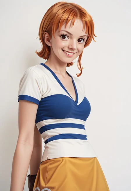 (Score_9,score_8_up, score_7_up:1.6),(source_anime:1.5),(rating_safe:1.5),(nigth scene:2.0), (( nami, 1girl, short hair, orange hair, solo, striped shirt, yellow skirt, looking at viewer, smile, brown eyes,boots)),high definition, 35mm, ( detalled:1.5), detailed face ,Beutyfull