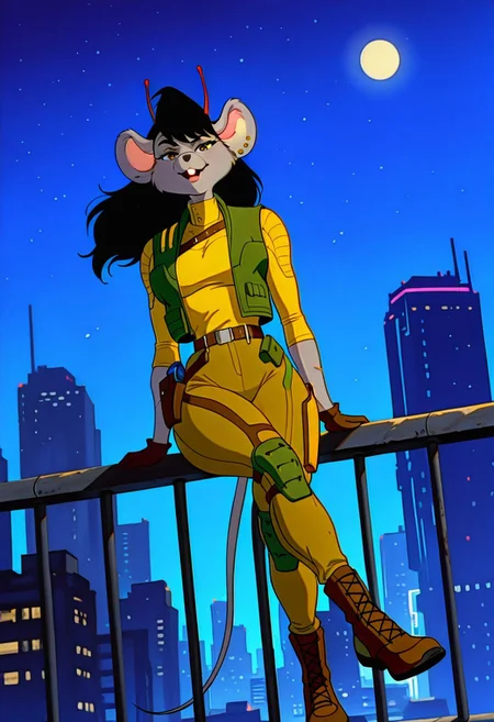 CarbineBMFM, 1girl, solo, furry female, anthro, mouse, grey fur, grey skin, animal ears, red antennae, black hair, long hair, bangs, brown eyes, black snout, scar on face, incisors, teeth, earrings, ear piercing, large breast, thick thighs, mouse tail, green vest, yellow turtleneck, elbow length sleeves, brown gloves, belt, light brown pants, brown boots, military uniform, holster, knee pads,
,seductive pose, sexy pose, tease,
masterpiece, best quality, fine details, intricate details, depth of field, subsurface scattering, bokeh,
ultra-detailed, very aesthetic, detailed background, newest, scenery, highres, absurdres, colorful, vibrant, glowing, perfect face, 2d, perfect eyes, vibrant saturated colors, volumetric lighting, sharp, detailed eyes, perfect anatomy, perfect face, perfect eyes, mature body, clear eyes, beautiful eyes, athletic, curvy body, athletic girl, perky tits, perfect tits, round breasts, pinup pose, teasing, lustful expression, perfect hands,
muscular female, dutch angle,
cityscape, rooftop, outdoors, skyscrapers, railing, neon lights, detailed background, night, night sky, night time, starry sky, sitting on railing, moon, looking at viewer, arm rest, smirk, crossed legs, open mouth, full body, foreshortening,
,Smooth Negative, Smooth_Quality,
90s_anime_aesthetic, 1990s (style), retro_artstyle, retro, cyberpunk