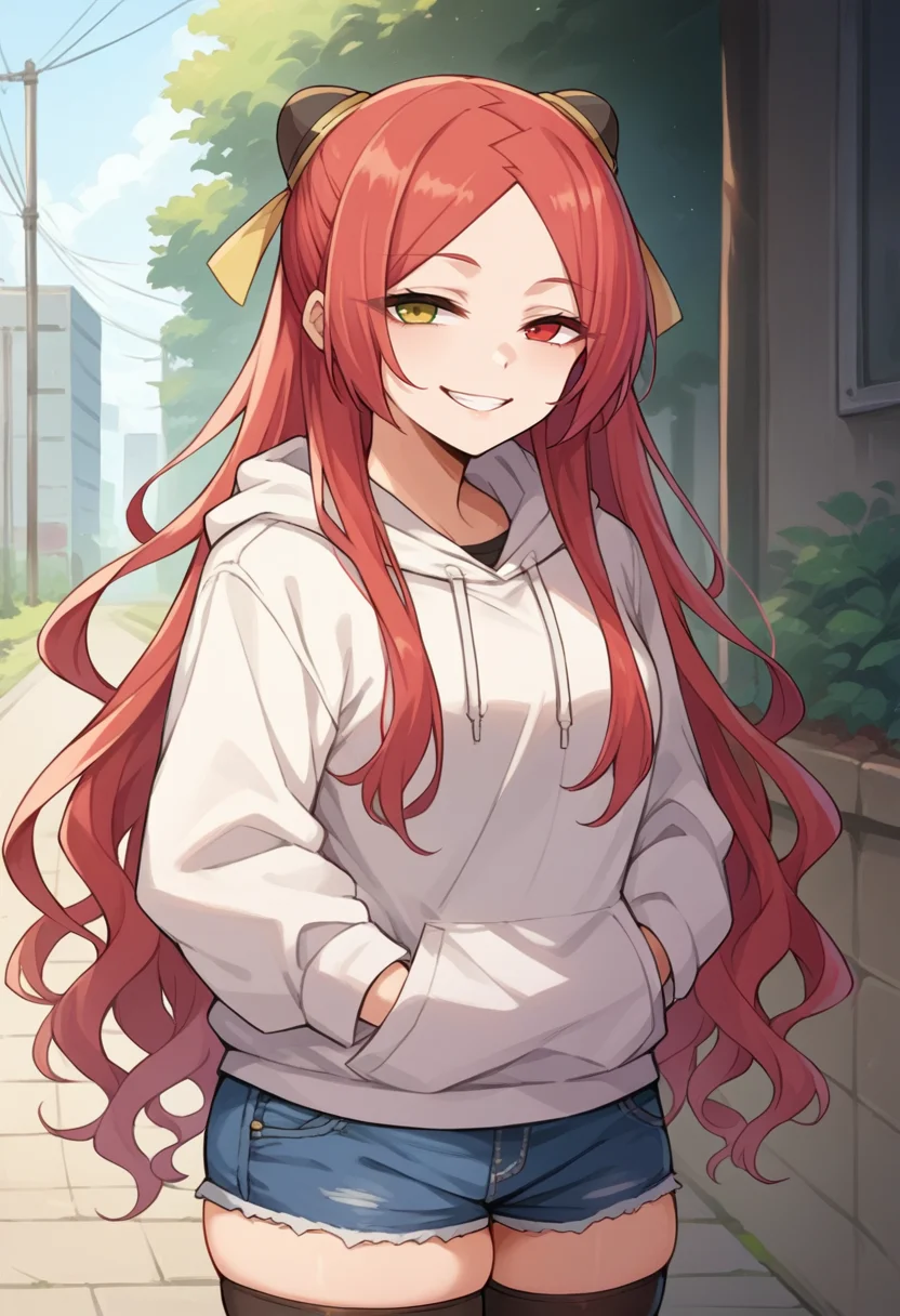 score_9, score_8_up, source_anime, 1girl, solo, ShibaTomoshibi, heterochromia, red hair, long hair, parted bangs, hairpods, white hoodie, denim shorts, black thighhighs, skindentation, hands in pockets, outdoors, smile, smug, <lora:ChamShibaTomoshibiPonyXL:1>