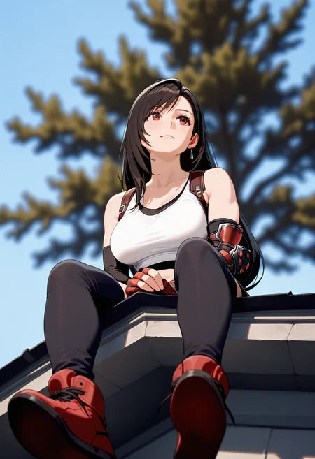 score_9, score_8_up, score_7_up, score_6_up,high quality,masterpiece,uhd,dramatic effect,cinematic effect, mature,
Tifa Lockhart (final fantasy 7), 1girl, red fingerless gloves, break,
FHD14_KZ, foot_dangle, hands, blurry background, looking_to_the_side, looking left, tree, roof, sky,