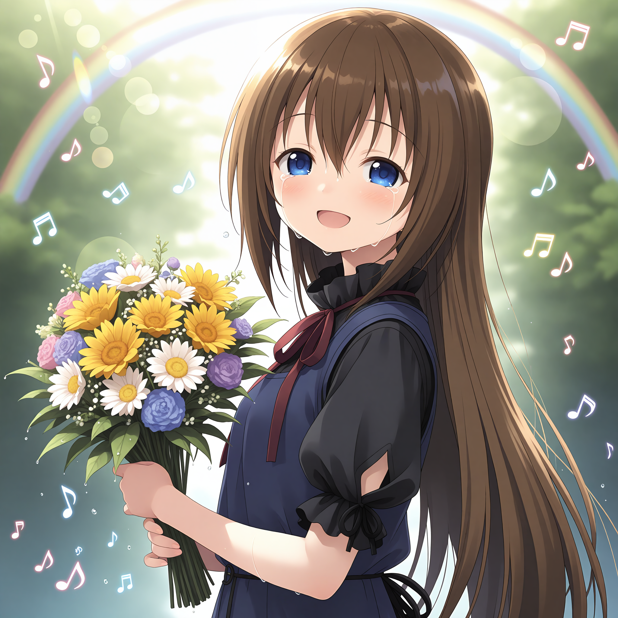 <lora:Arietta_Fine_1_nai-000045:1>,Arietta Fine,
blue dress,sleeveless dress,black shirt,collared shirt,frilled collar,frilled sleeves,puffy short sleeves,red neck ribbon,criss-cross strings,
1girl,solo,smile,open mouth,holding bouquet,from side,looking at viewer,happy,depth of field,lens_flare,after rain,rainbow,sunlight,musical note,beamed sixteenth notes,sixteenth note,streaming tears,