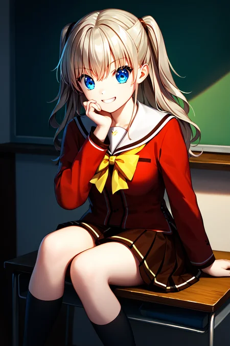 score_9, score_8_up, score_7_up, score_6_up, rating_safe, source_anime, best quality, masterpiece, detailed background, detailed eyes, classroom, sitting on desk, <lora:tomori-nao-xl-05:1>, tomori nao, two side up, red uniform with yellow bow, brown skirt, black socks, grin, touching own chin with finger, medium breasts