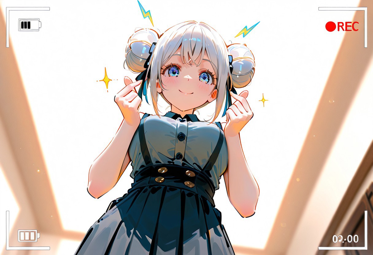 masterpiece, ultra-HD, very aesthetic, 8K, high detail, depth of field, score_9, score_8_up, score_7_up, score_6_up, perfect anatomy, no distorted limbs, accurate anatomy, best quality, (anime:1.2), 
BREAK
(1girl, long white hair, lightning-shaped hair accessory, double bun ponytails, pale blue eyes, medium breasts, wearing sleeveless grey maid top with buttons, black long skirt, no maid decorations, hands making finger heart gesture, gentle smile, confident pose), 
BREAK
(front-facing perspective, slightly low angle, camera at waist height, head facing forward, body slightly tilted to the left), 
BREAK
(plain white background), 
BREAK
(soft lighting:1.1, warm golden glow:1.2, vivid colors, high contrast, emotional atmosphere, healing vibe, detailed background, warm sunset tones), perfecteyes, NEGATIVE_HANDS, ruanyi1229