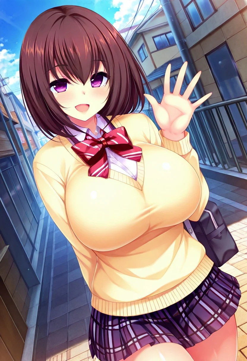 general,highres, ultra-detailed,very aesthetic,best quality ,best hands,best eyes,easynegative,
dynamic anglre, dutch angle, anime cloring,
1girl solo,looking at viewer,town,outdoors,smile,open mouth,waving hand,
Kasane Sakura,brown hair, short_hair, purple eyes, huge_breasts,school uniform,