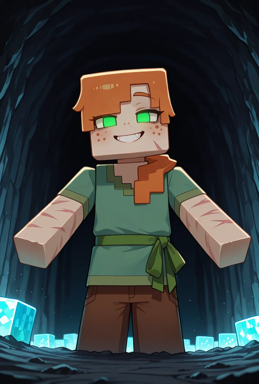 <lora:alexmc-05:1> alexmc, orange hair, 1girl, solo, green eyes, long green shirt, brown pants, short sleeves, freckles, square arms, square body, green waist ribbon, minecraft world, inside a cave, glowing eyes, no pupils, light blue crystals coming out of walls, cubes, evil grin, dark scene, no light, scars, injury, pure white sclera, no eyes, no pupils, embedded light blue crystals, masterpiece, best quality, amazing quality, very aesthetic, absurdres, newest,