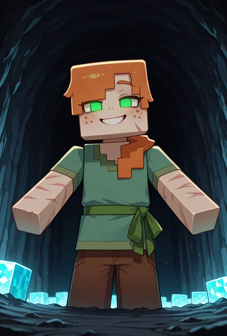 <lora:alexmc-05:1> alexmc, orange hair, 1girl, solo, green eyes, long green shirt, brown pants, short sleeves, freckles, square arms, square body, green waist ribbon,  minecraft world, inside a cave, glowing eyes, no pupils, light blue crystals coming out of walls, cubes, evil grin, dark scene, no light, scars, injury, pure white sclera, no eyes, no pupils, embedded light blue crystals, masterpiece, best quality, amazing quality, very aesthetic, absurdres, newest,