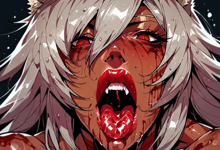 score_9, score_8_up, score_7_up, 1girl, black hair, solo, blood, red eyes, tongue, teeth, open mouth, long hair, blood on face, close-up, <lora:Fant5yP0ny:0.8>, ghislaine dedoldia, visible breast, bimbo makeup, bimbo lips, heavy wet mascara, seductive, 3/4 photo,visible breast, explicit