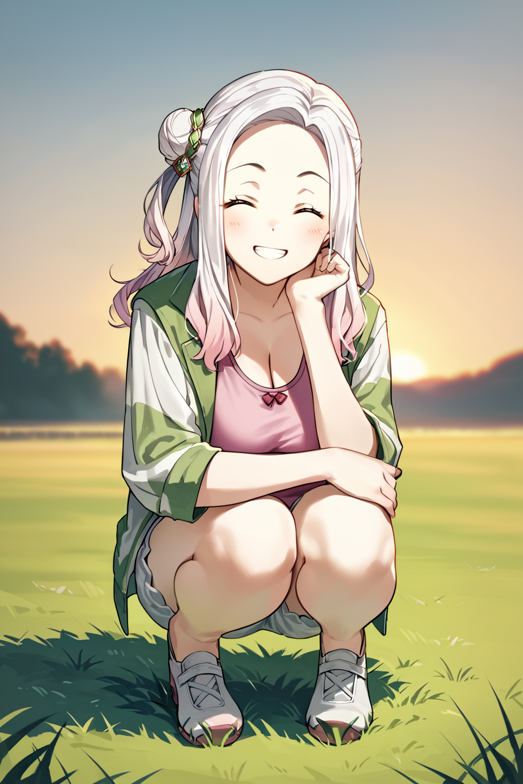 score_9, score_8_up, score_7_up, score_6_up, rating_safe, source_anime, best quality, masterpiece, outdoors, sunset, crouching, grass, knees together, <lora:momonouchi-sumomo-xl-04:0.8>, momonouchi sumomo, side bun, pink tanktop, green and white jacket, open jacket, white short bloomers, big breasts, closed eyes, grin,