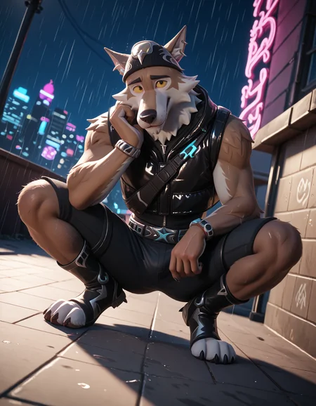 score_9, score_8_up, score_7_up, rating_safe, source_furry, detailed, detailed background, ray tracing, cinematic lighting, particles, graffiti, reflections, decals, masterpiece, best quality, ultra realistic, <lora:sinfully_stylish_SDXL.safetensors:1.0>, embedding:zPDXL3 BREAK wendell, wolf, fortnite, furry, 1boy, solo, <lora:Wendell_Fortnite:1> BREAK dim light, night city background, neon light, rain (dutch angle, squatting, sigh:1.15)
