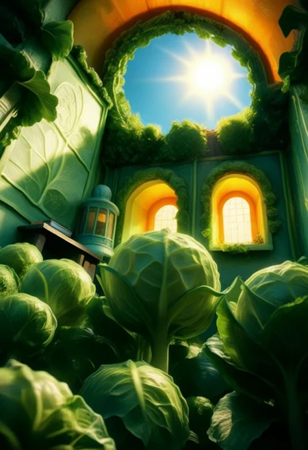 TOXNEO, cabbage, cjdl, book, cover made of cabbage leafs, leaking green fluo neon acid from inside.
The atmosphere is magical and dreamy.
Dusk, blue sky, orange rays of sun. dutch-angle, (foreshortening, perspective:2).