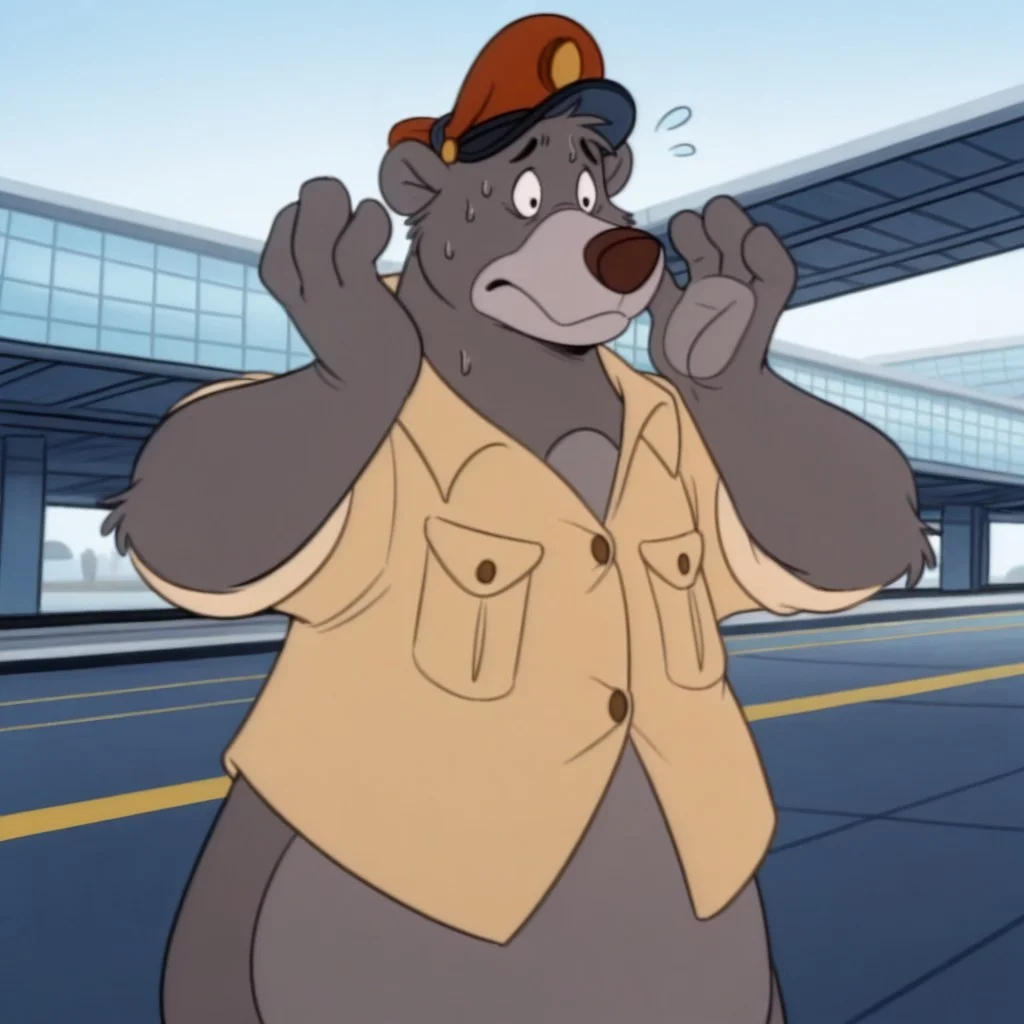 masterpiece, best quality, amazing quality, baloots, male, furry male, anthro, solo, sloth bear, grey fur, two tone fur, grey muzzle, brown nose, black eyes, claws, brown shirt, red pilot cap, standing, hands up, nervous, sweat, outdoors, airport