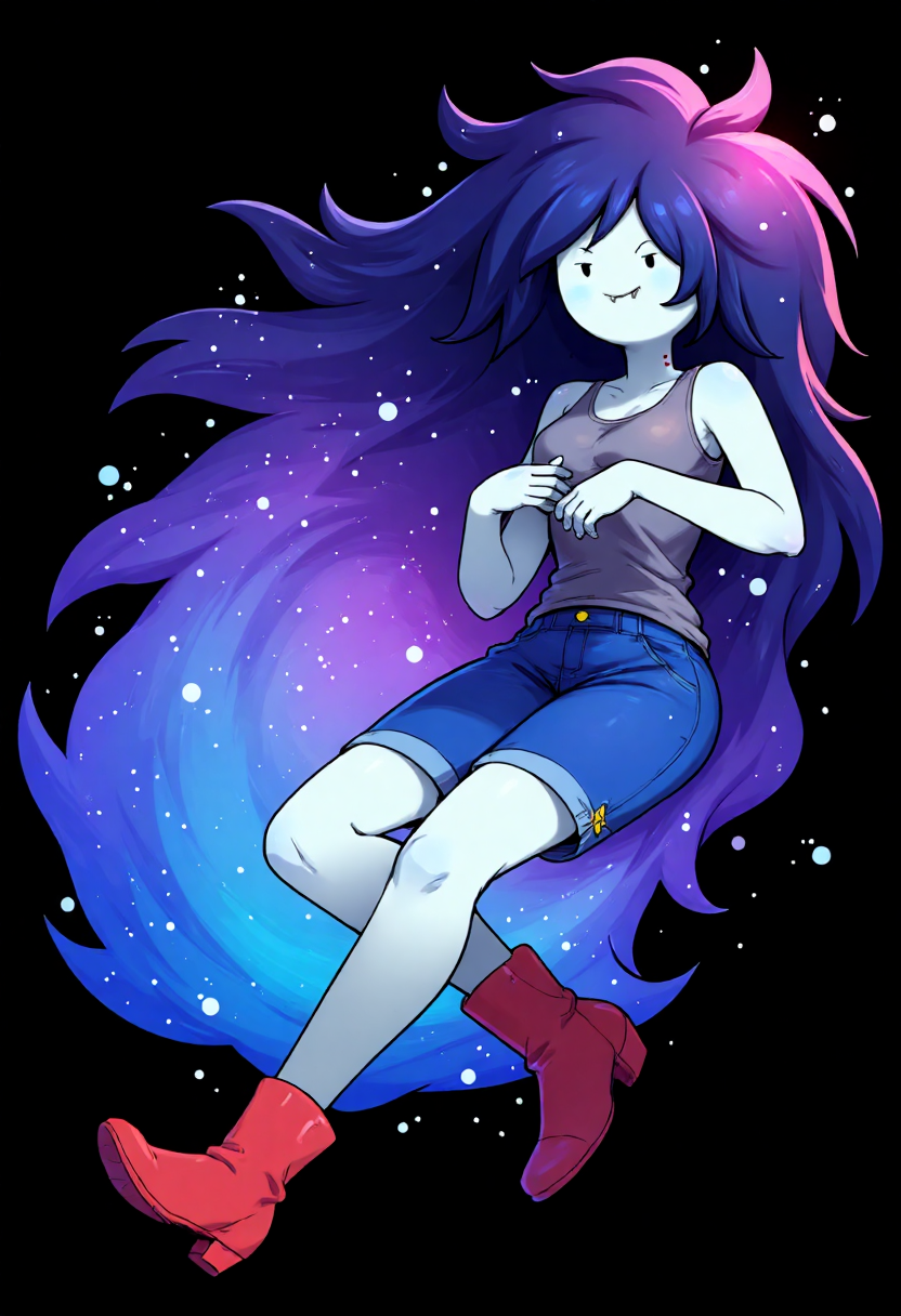 A whimsical, colorful illustration of Marceline Abadeer with a pale blue complexion, relaxed and joyful, with long, flowing hair that transforms into a vibrant galaxy, depicted in a stylized, colorful art aesthetic. The hair is a rich blend of deep blues, purples, and pinks, dotted with white stars and cosmic elements, creating a sense of depth and wonder. Marceline is wearing a gray tank top and blue shorts with red boots, with her legs crossed and arms relaxed. The background is a deep black, allowing the colors of the art to stand out vividly. The overall composition exudes a dreamy, whimsical feel, reminiscent of both anime and contemporary illustration styles.<lora:CustomFlux/Marceline_Abadeer.safetensors:1.0:1.0>