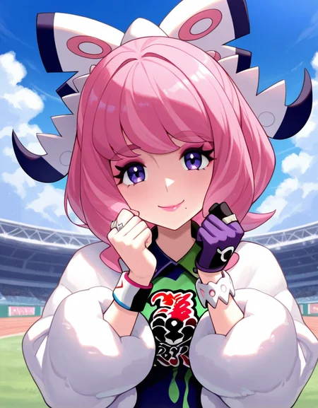 masterpiece, best quality, amazing quality, very aesthetic, absurdres, newest, detailed background, 4k, 8k, outdoors,
laraxd, 1girl, mole under mouth, single glove, pink hair, solo, gloves, mole, makeup, dynamax band, ring, hands up, purple eyes, jewelry, eyeshadow, shirt, jacket, pink eyeshadow, sky, pink lips, looking at viewer, white jacket, smile, bracelet, day, clenched hands, eyelashes, upper body, collared shirt, cloud, outdoors
<lora:Klara_-_Pokemon_Illustrious:1>
