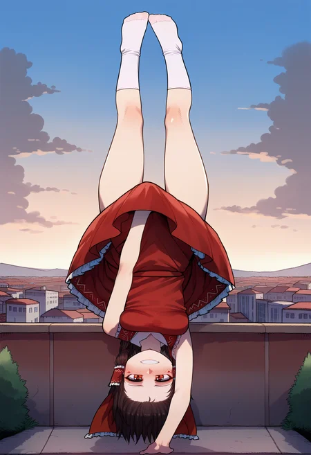 score_9, best quality, masterpiece, uncensored, source_anime
BREAK
lycoris challenge (meme), upside-down, one arm handstand, covering privates, covering crotch, hakurei reimu, 1girl, blush, frown, full body, handstand, outdoors, rooftop, cityscape, white socks, grin,medium breasts
<lora:lycoris_meme_pony_v1:0.8> <lora:merratatustle_pony_v6:1>