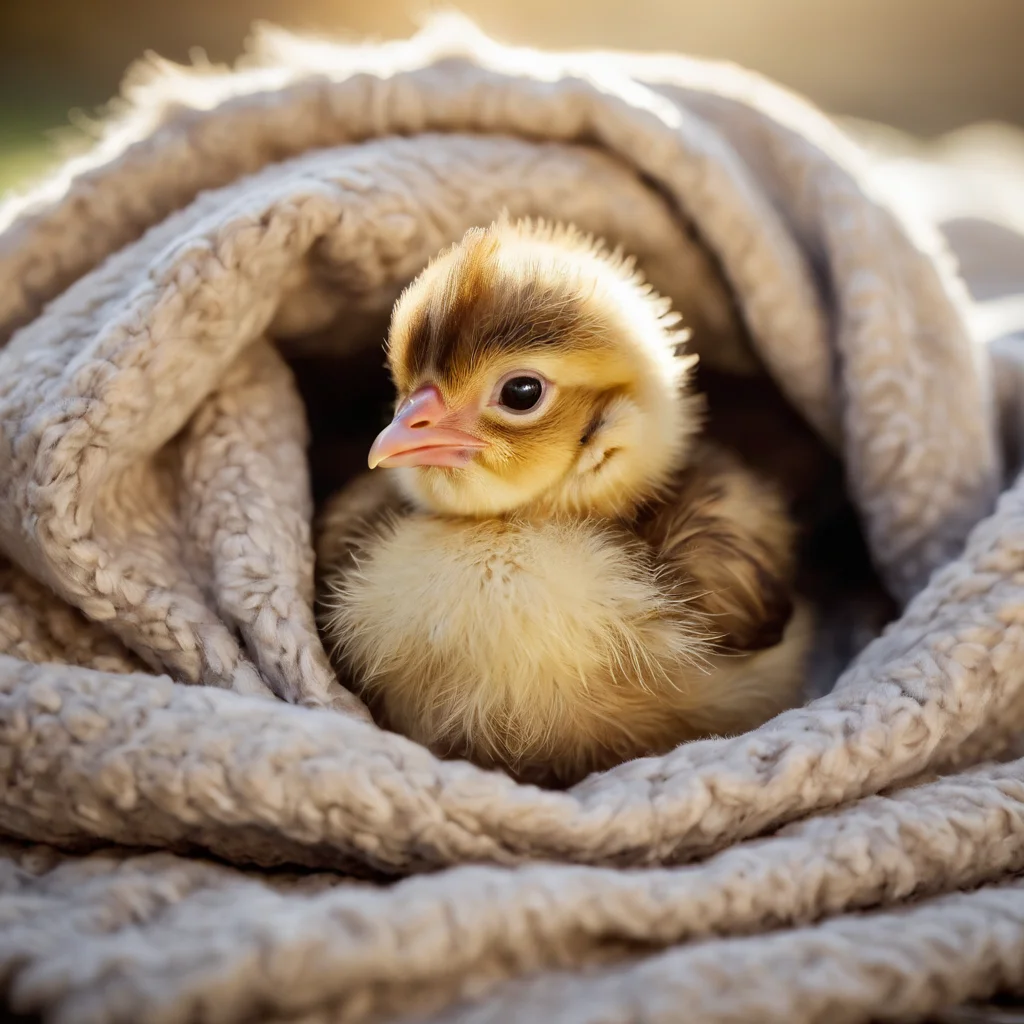 a cute baby chicken snuggles up in a blanket of short fur. idyllic background, out of focus
