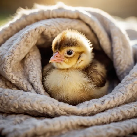 a cute baby chicken snuggles up in a blanket of short fur. idyllic background, out of focus