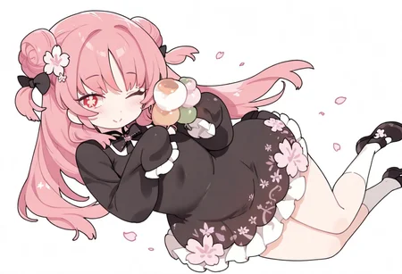 lazypos, girl focus, 1girl, one eye closed, food, dress, flower, hair ornament, red eyes, white background, white socks, solo, smile, double bun, black footwear, long hair, socks, shoes, hair bun, sleeves past fingers, looking at viewer, pink hair, hair flower, closed mouth, sleeves past wrists, holding, black dress, floral print, wagashi, simple background, long sleeves, cherry blossoms, two side up, dango, symbol-shaped pupils, blush, bow, bowtie, flower-shaped pupils, petals