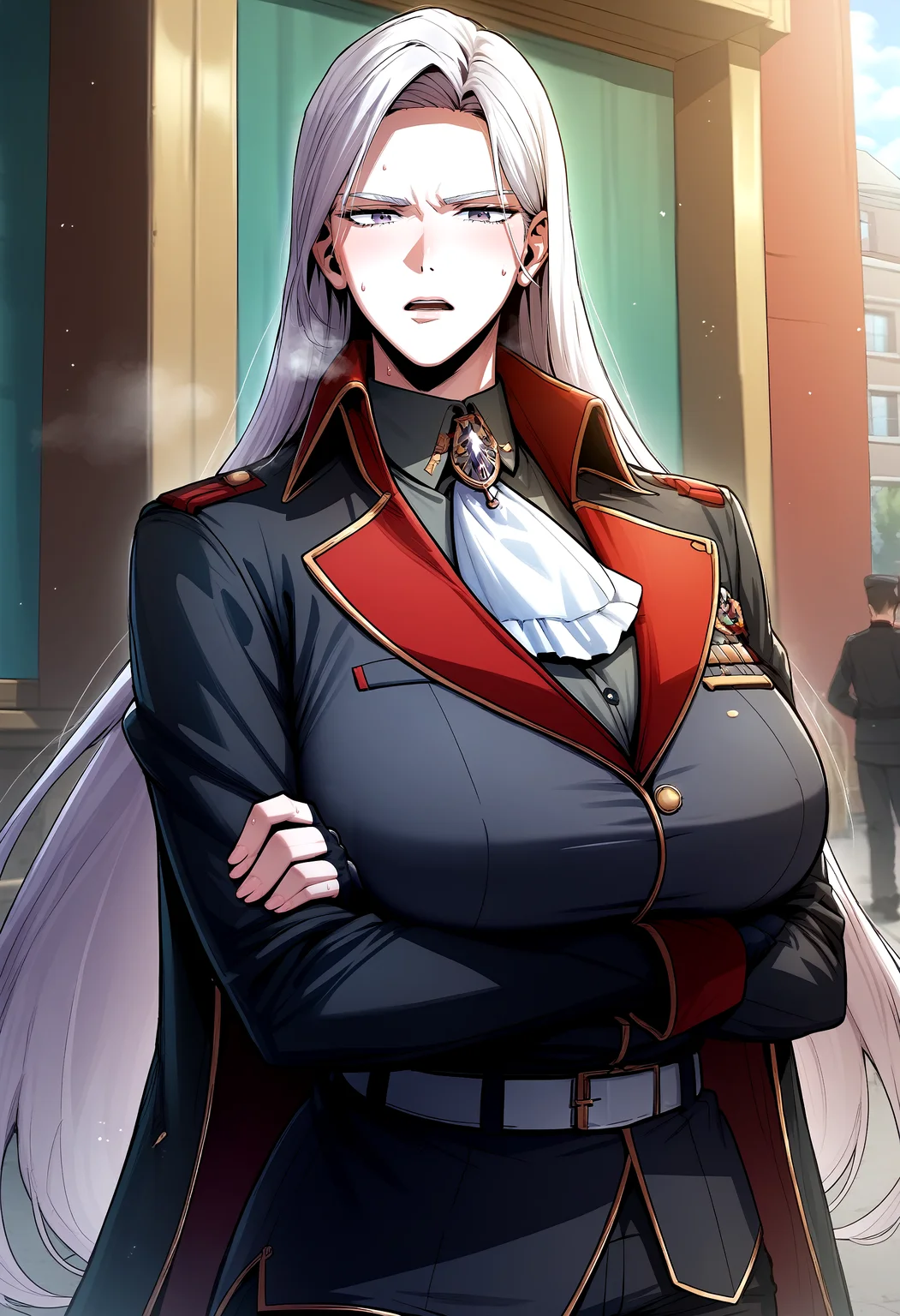 score_9, score_8_up, score_7_up, score_6_up, source_anime, rating_explicit, <lora:neg4all_bdsqlsz_V3.5:2.0>1girl, (solo:1.1), huge breasts, <lora:Terryna Liner Haulponyxl:1> long hair, white hair, purple eyes, grey eyes, military uniform, black jacket, ascot, black shirt, collared shirt, black gloves, long sleeves, fingerless gloves, belt, black pants, serious, open mouth, Narrow shoulders, sweat, heavy breathing, steaming body, school, street, outdoor, (front view:1.2), crossed arms