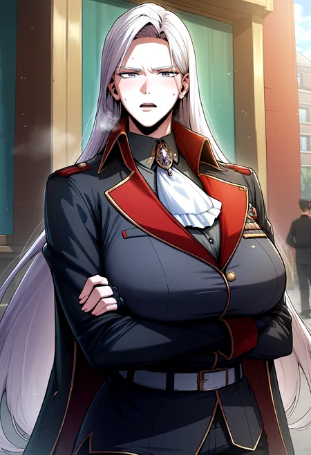 score_9, score_8_up, score_7_up, score_6_up, source_anime, rating_explicit, <lora:neg4all_bdsqlsz_V3.5:2.0>1girl, (solo:1.1), huge breasts, <lora:Terryna Liner Haulponyxl:1> long hair, white hair, purple eyes, grey eyes, military uniform, black jacket, ascot, black shirt, collared shirt, black gloves, long sleeves, fingerless gloves, belt, black pants, serious, open mouth, Narrow shoulders, sweat, heavy breathing, steaming body, school, street, outdoor, (front view:1.2), crossed arms
