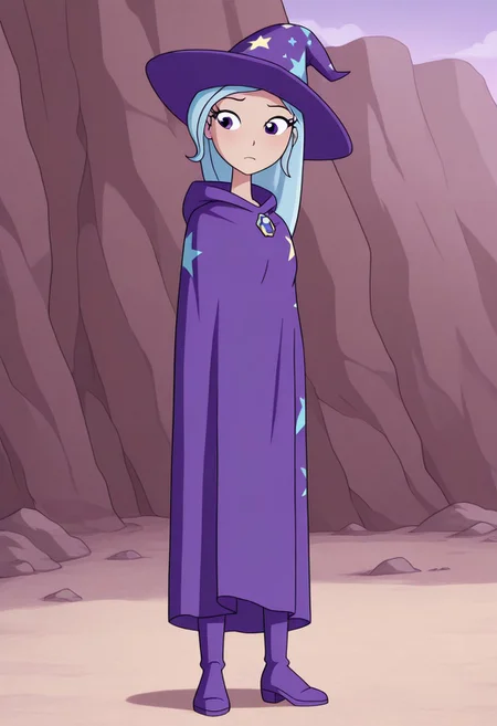 masterpiece,best quality,amazing quality, source_anime, full body shot, 1girl, solo, TrixieHuman, TrixHat, TrixCloak, human girl, equestria girls, outdoor, standing,