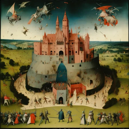 a massive sword fight in front of a big castle, bosch