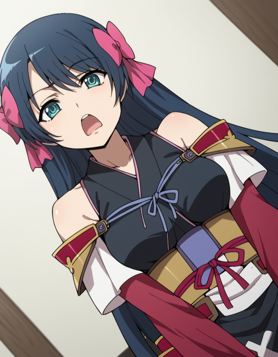 score_9, score_8_up, score_7_up, source_anime, <lora:nagahide-niwa-s1-ponyxl-lora-nochekaiser:1>, nagahide niwa, long hair, blue eyes, black hair, hair bow, aqua eyes, medium breasts, japanese clothes, armor, japanese armor, bare shoulders, shoulder armor, detached sleeves,, bedroom, alarm clock, morning routine, yawning, stretching, on bed, , v,, looking at viewer, solo,, dutch angle, cowboy shot