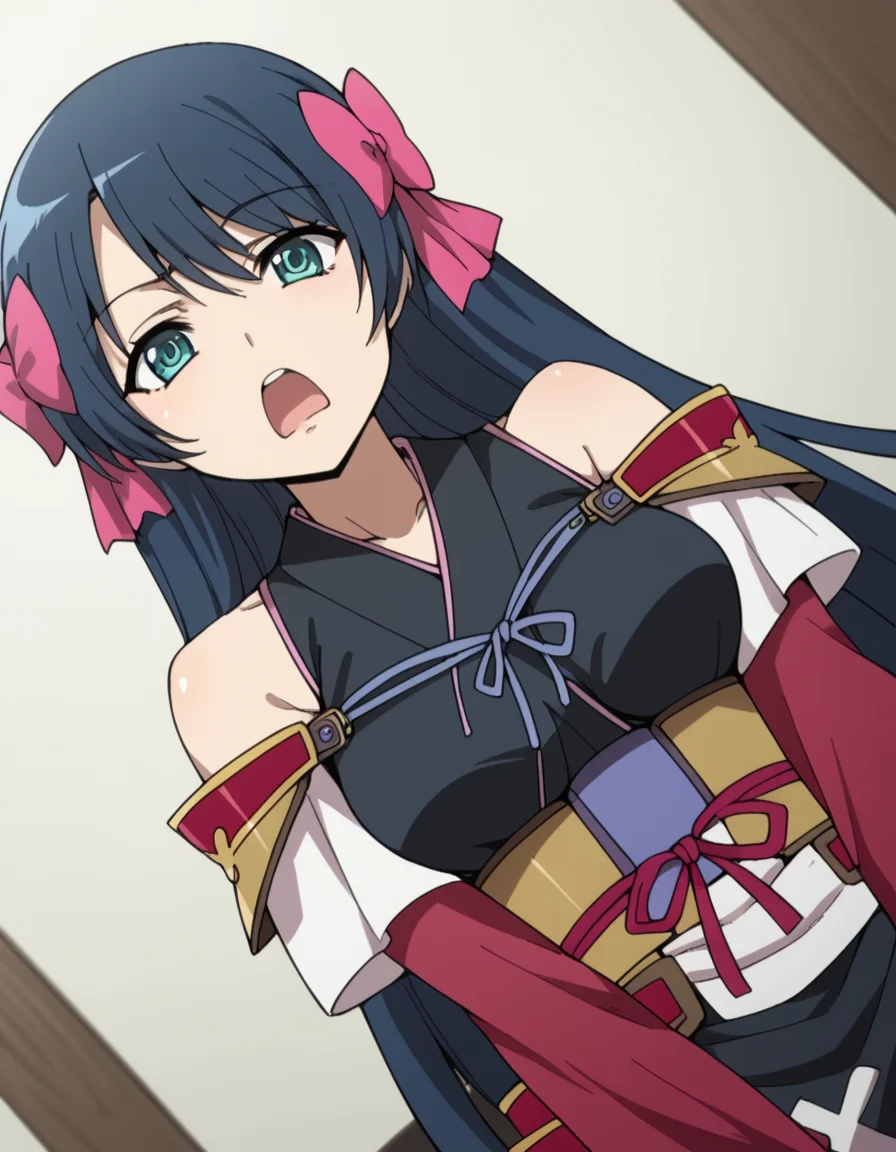 score_9, score_8_up, score_7_up, source_anime, <lora:nagahide-niwa-s1-ponyxl-lora-nochekaiser:1>, nagahide niwa, long hair, blue eyes, black hair, hair bow, aqua eyes, medium breasts, japanese clothes, armor, japanese armor, bare shoulders, shoulder armor, detached sleeves,, bedroom, alarm clock, morning routine, yawning, stretching, on bed, , v,, looking at viewer, solo,, dutch angle, cowboy shot