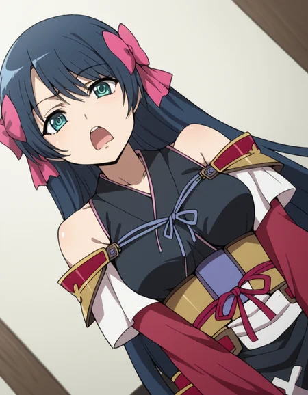 score_9, score_8_up, score_7_up, source_anime, <lora:nagahide-niwa-s1-ponyxl-lora-nochekaiser:1>, nagahide niwa, long hair, blue eyes, black hair, hair bow, aqua eyes, medium breasts, japanese clothes, armor, japanese armor, bare shoulders, shoulder armor, detached sleeves,, bedroom, alarm clock, morning routine, yawning, stretching, on bed, , v,, looking at viewer, solo,, dutch angle, cowboy shot