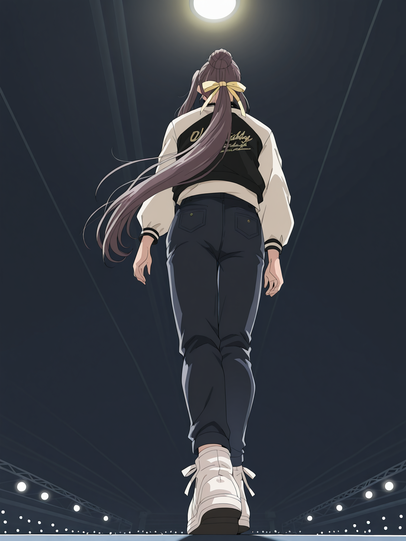 <lora:yakin-kaidan-illustrious-000004:0.9> nan4s3, hair bun, hair ribbon, yellow ribbon, ponytail, very long ponytail
1girl, solo, ceiling light, from below, stage, walking, fashion, streetwear, catwalk \(modeling\), dim lighting