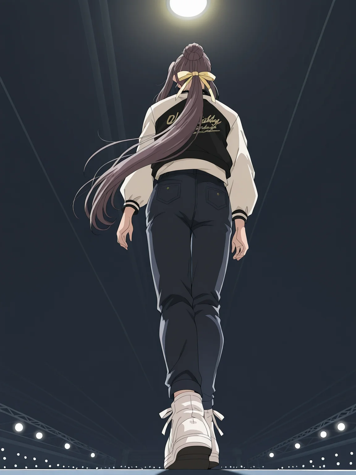 <lora:yakin-kaidan-illustrious-000004:0.9> nan4s3, hair bun, hair ribbon, yellow ribbon, ponytail, very long ponytail
1girl, solo, ceiling light, from below, stage, walking, fashion, streetwear, catwalk \(modeling\), dim lighting