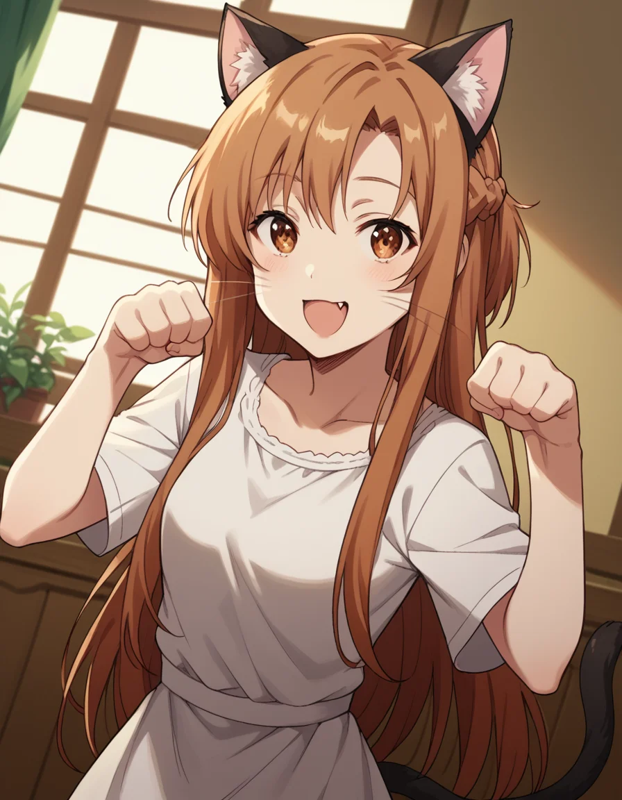 score_9, score_8_up, score_7_up, source_anime, asunayuuki, <lora:asuna-yuuki-s1-ponyxl-lora-nochekaiser:1>, asuna yuuki, long hair, brown hair, brown eyes,, <lora:paw-pose-ponyxl-lora-nochekaiser:1>, paw pose, cat ears, cat tail, animal ears, tail, cat girl, open mouth, fang, whiskers,, indoors, smile,, cowboy shot, dutch angle, looking at viewer,