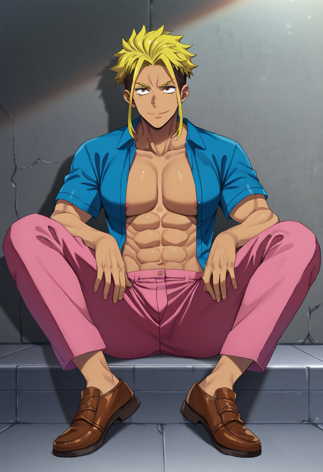 ryuuzakikenichiro, solo, abs, open shirt, pectorals, muscular, pink pants, blue shirt, collared shirt, brown footwear, BREAK
full body, sitting, seductive smile, BREAK
<lora:zom100_ponyxl_v4:0.9>, score_9, score_8_up, score_7_up, anime