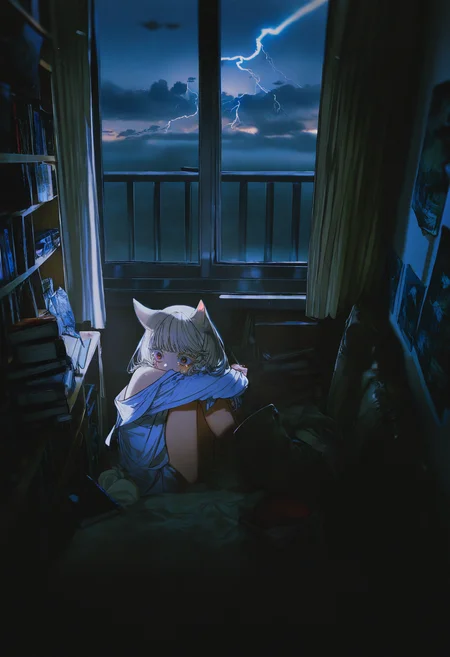 artist:[diyokama|say hana|yoneyama mai|lam \(ramdayo\)],
1girl, cat girl, cat ears, scared, sweatdrop, hugging own legs, sitting in the corner, tears, long eyelashes, colored eyelashes, off shoulder, long sleeves, white shirt,
[|window, storm clouds, a flash of lightning brightly illuminates the dark room, books strewn about, messy, bookcase, posters, bed, discarded clothing:10],
from side, cowboy shot,
masterpiece, best quality, very awa, absurdres
<lora:noobai_vpred_1_aesthetic_quality_modifiers_complete_v2:1>