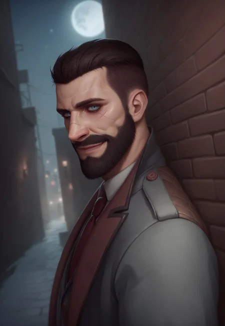 score_9, score_8_up, JonathanReid, realistic, blue eyes, scar, coat, striped white shirt, short hair, facial hair, beard, necktie, old city alley, night, moon, upper body, looking at viewer, smile, dynamic pose, side view, (leaning against a wall inviting you to come), (dutch angle),