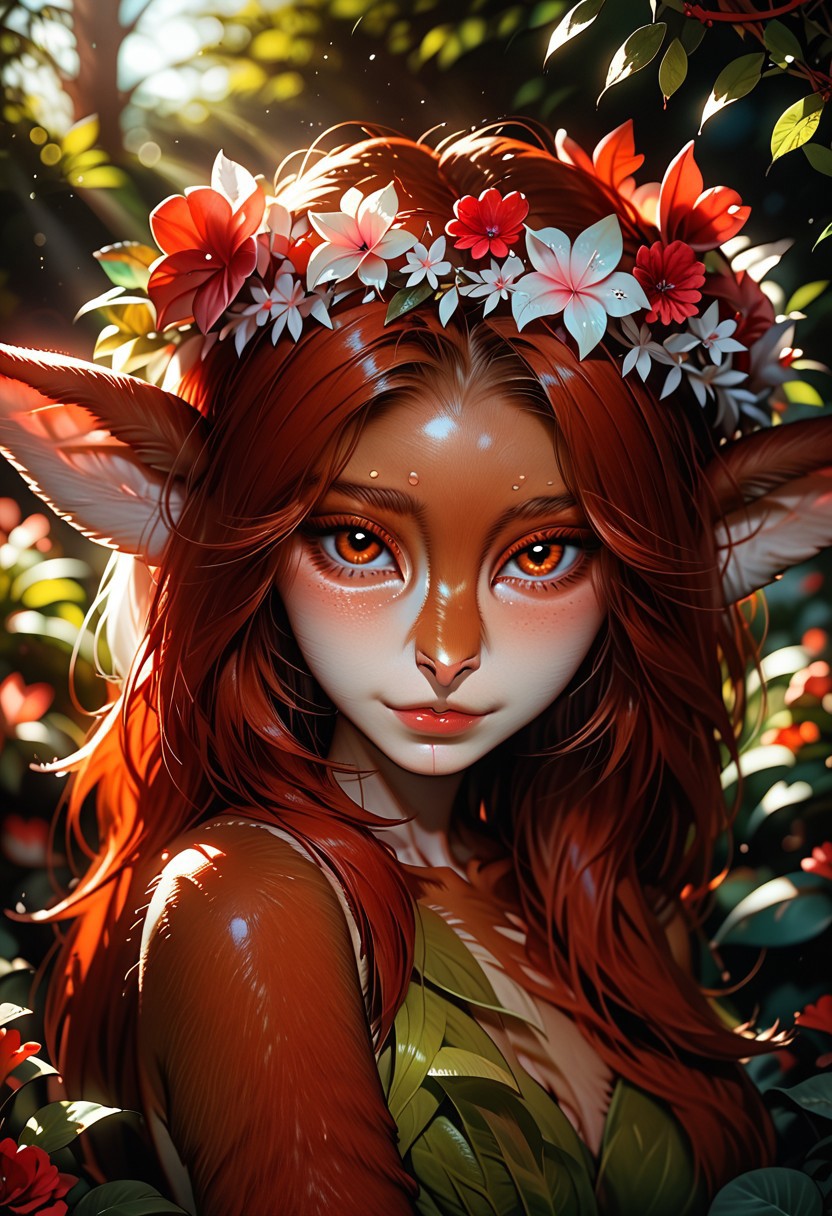 score_9_up, score_9, score_8_up, score_8, score_7_up, score_7, cinematic lighting, raw, high quality, 4k resolution, absurdres, masterpiece, dynamic lighting, high contrast, morimee_style, detailed face, dramatic lighting, sfw,
1girl, cute, ((faun girl:2)), ((long hair)), red flowers, flower in hair, (big:1.3 deer horns), silver jewelry, ((white wreath)), looking at viewer,
(close view), [[side view]],
((garden background, red flowers, night)), blurred foreground, blurred background, depth of field