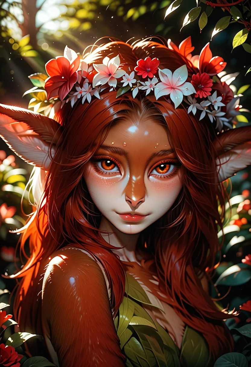 score_9_up, score_9, score_8_up, score_8, score_7_up, score_7, cinematic lighting, raw, high quality, 4k resolution, absurdres, masterpiece, dynamic lighting, high contrast, morimee_style, detailed face, dramatic lighting, sfw,
1girl, cute, ((faun girl:2)), ((long hair)), red flowers, flower in hair, (big:1.3 deer horns), silver jewelry, ((white wreath)), looking at viewer,
(close view), [[side view]],
((garden background, red flowers, night)), blurred foreground, blurred background, depth of field