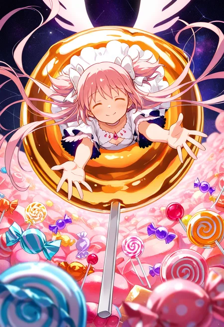 (masterpiece, best quality, high quality, good quality),1girl,ultimate madoka,midair,facing viewer,outstretched arms,outstretched hand,smile,white dress,
((candy,lots of candy,candy flow,lollipop, sweets, candy cane,)),
<lora:Christmas_Candy:0.5>,CHRC4ND7,<lora:breasts_size_slider_illustrious_goofy:0.5>,<lora:cutesexyrobutts_style_illustrious_goofy:0.5>,<lora:ponyv4_noob1_2_adamW:0.5>,