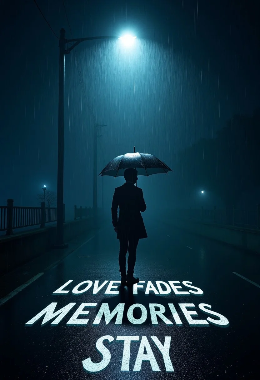 A figure with an umbrella stands under a rainy street lamp and “Love Fades, Memories Stay” is projected on the wet asphalt. aidmaTextImprover,