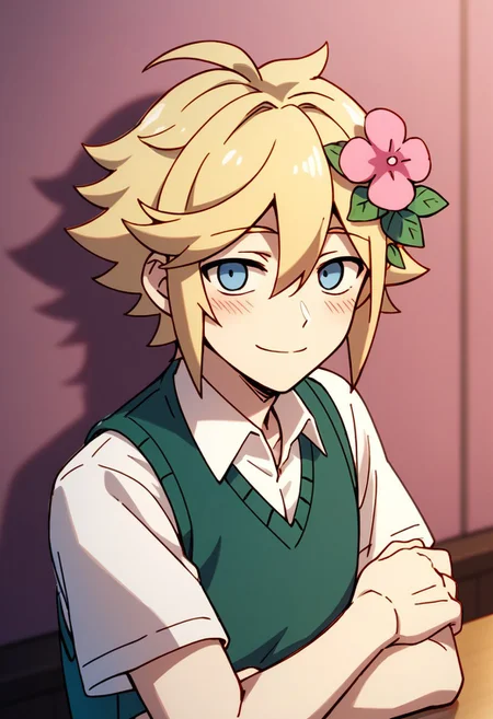 score_9,score_8_up,score_7_up,source_anime, BASIL (real world),solo,looking at viewer,blush,smile,short hair,blue eyes,shirt,blonde hair,hair ornament,1boy,hair between eyes,closed mouth,white shirt,upper body,male focus,flower,short sleeves,collared shirt,hair flower,vest,pink flower,sweater vest