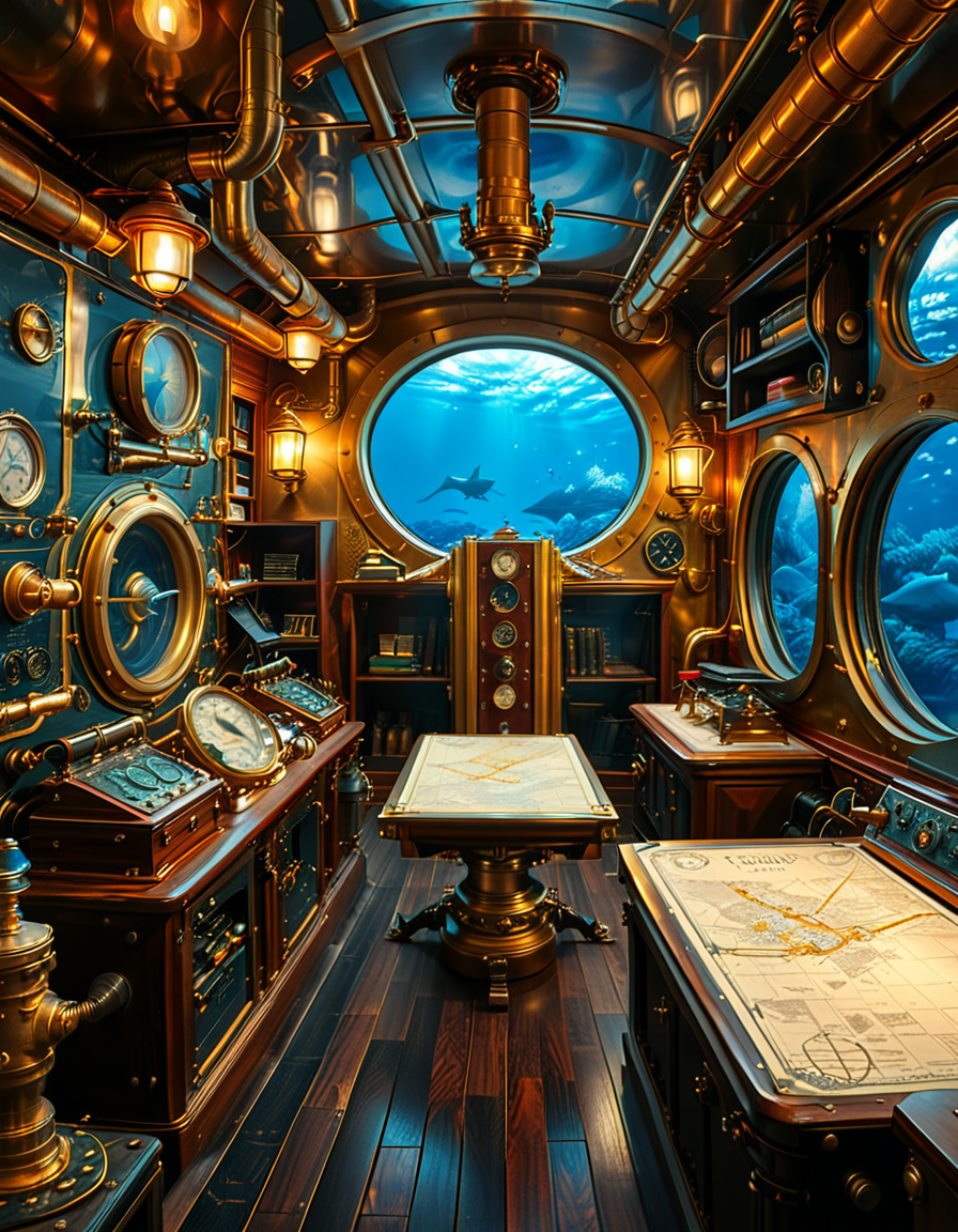 A stunning and intricate view of the interior of the Nautilus submarine, inspired by Jules Verneâs steampunk aesthetic. The room is a mix of Victorian elegance and advanced 19th-century marine engineering. The walls are lined with riveted brass and copper pipes, with intricate pressure gauges and mechanical levers. A massive, round glass porthole offers a breathtaking underwater view of deep-sea creatures swimming in the dark abyss. The warm glow of antique oil lamps and gaslights illuminates the space, casting soft golden reflections on the polished mahogany furniture and ornate brass railings. A large wooden desk is covered with old nautical charts, compasses, and a logbook filled with Captain Nemoâs notes. In the background, a library with leather-bound books and scientific instruments is neatly arranged on wooden shelves, emphasizing the scholarly and adventurous nature of the vessel. The ambiance is a perfect fusion of mystery, science fiction, and vintage maritime beauty, evoking a sense of wonder and deep-sea exploration.<lora:SDXLFaeTastic2400:0.4> <lora:extremely_detailed:0.4> extremely detailed, <lora:Nautilus_subm4r1n3:1>,Nautilus subm4r1n3, Masterpiece,best quality,hi res,8k,hi res,8k,award winning,(sharp focus, intricate, highly detailed),