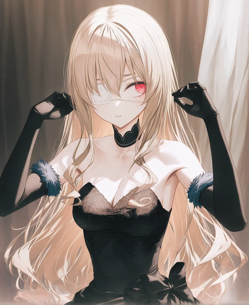 masterpiece,best quality,very aesthetic,absurdres, artist:gomzi,artist:wanke,
1girl, noel cerquetti, red eyes, blonde hair, long hair, medical eyepatch, left eye covered,
black eyepatch, black dress, lace-trimmed bustier, black choker, black bow, fur-trimmed gloves, elbow gloves, strapless,
black pantyhose,
<lora:noel_cerquetti.noobaixl:1>