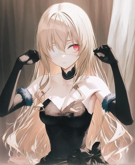masterpiece,best quality,very aesthetic,absurdres, artist:gomzi,artist:wanke,
1girl, noel cerquetti, red eyes, blonde hair, long hair, medical eyepatch, left eye covered,
black eyepatch, black dress, lace-trimmed bustier, black choker, black bow, fur-trimmed gloves, elbow gloves, strapless,
black pantyhose,
<lora:noel_cerquetti.noobaixl:1>