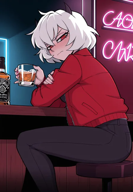 masterpiece, anime noir style, masterpiece, best quality, amazing quality, very aesthetic, high resolution, absurdres, solo, looking at viewer,
girl, HMalina, demon girl, tousled white hair, red eyes, black horns, sitting at a dimly lit bar, red jacket off and draped over the stool, drinking whiskey, half-empty glass in hand, tired but thoughtful expression, neon lights casting reflections, moody atmosphere, noir anime style